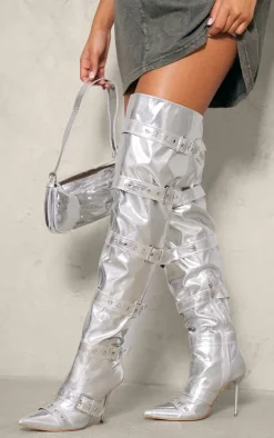 Silver Pu Point Toe Buckled Over The Knee Heeled Boots