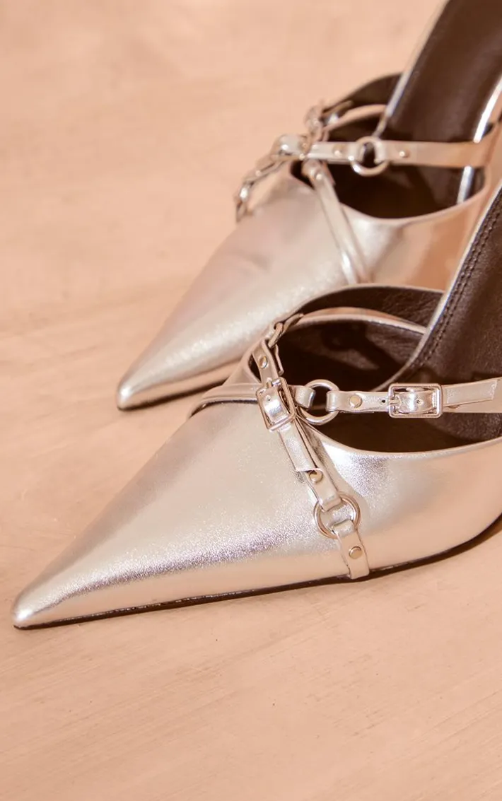 Silver Pu Point Toe Buckle Strap Heeled Mules