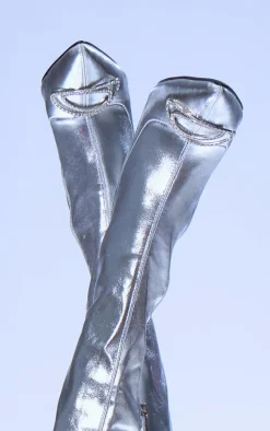 Silver PU Point Toe Diamante Buckle Over The Knee High Heeled Boots