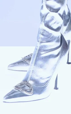 Silver PU Point Toe Diamante Buckle Over The Knee High Heeled Boots