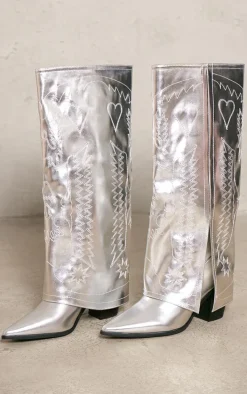 Silver Pu Point Toe Fold Over Split Hem Knee High Western Boots