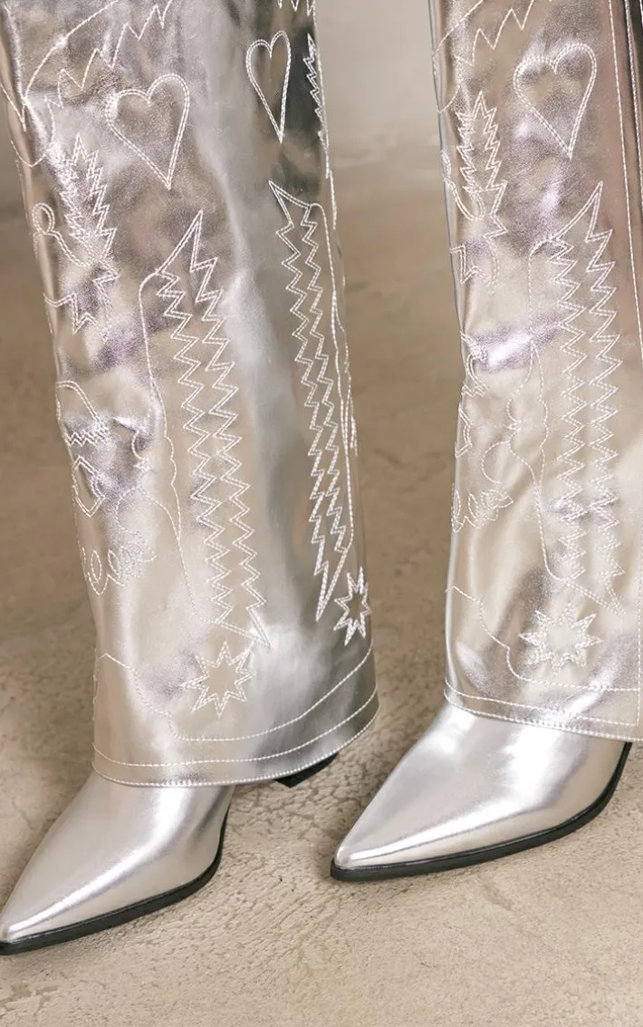 Silver Pu Point Toe Fold Over Split Hem Knee High Western Boots