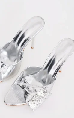 Silver PU Point Toe Half Bow Heeled Mules