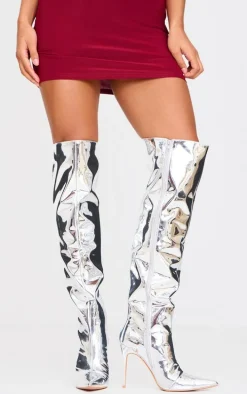 Silver PU Point Toe Over The Knee High Stiletto Heeled Boots