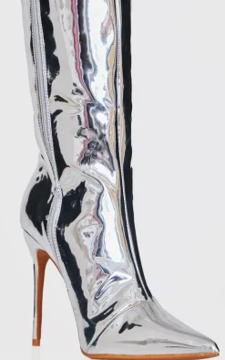 Silver PU Point Toe Over The Knee High Stiletto Heeled Boots