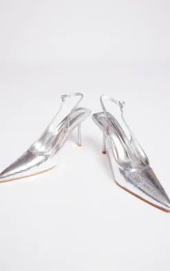 Silver PU Point Toe Snake Sling Back Mid Heeled Courts