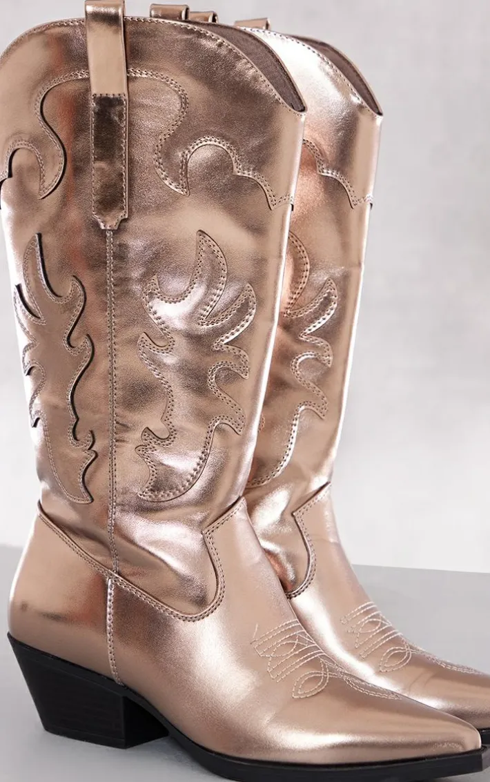 Silver Pu Point Toe Textured Low Block Heel Western Boots