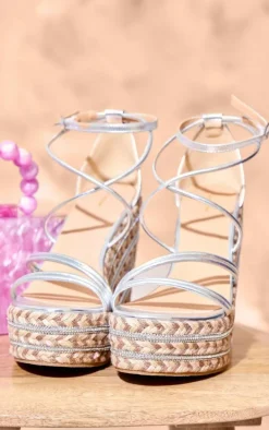 Silver PU Round Toe Asymmetric Strap Diamante Platform Heeled Wedges