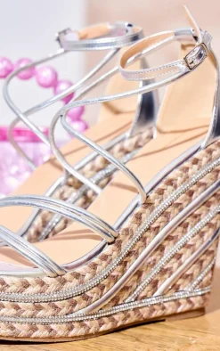 Silver PU Round Toe Asymmetric Strap Diamante Platform Heeled Wedges