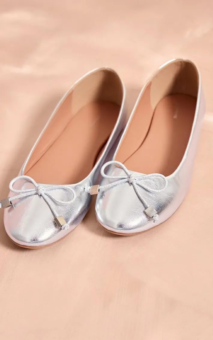 Silver Pu Round Toe Bow Detail Ballet Pumps