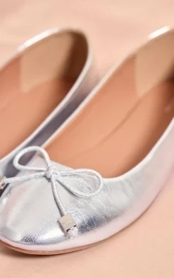 Silver Pu Round Toe Bow Detail Ballet Pumps