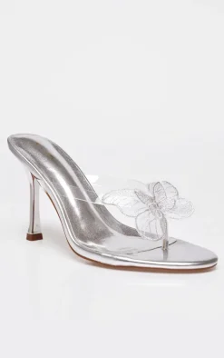 Silver PU Round Toe Butterfly Heeled Mules