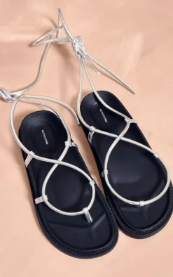 Silver PU Round Toe Crossover Strap Lace Up Chunky Sandals