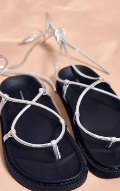 Silver PU Round Toe Crossover Strap Lace Up Chunky Sandals