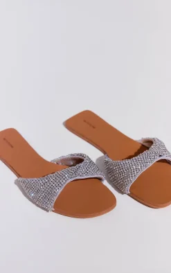 Silver Pu Round Toe Diamante Strap Flat Sandals