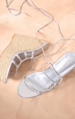 Silver PU Round Toe Knot Detail High Heeled Wedges
