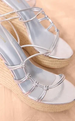 Silver PU Round Toe Knot Detail High Heeled Wedges