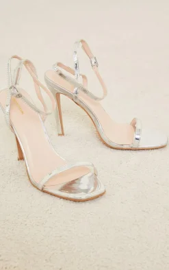 Silver PU Square Toe Barely There Strappy High Heels