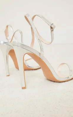 Silver PU Square Toe Barely There Strappy High Heels