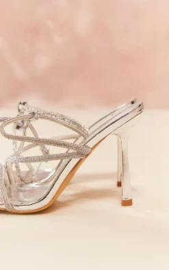 Silver PU Square Toe Diamante Asymmetric Strap Heeled Sandals