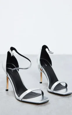 Silver PU Square Toe Heeled Sandals