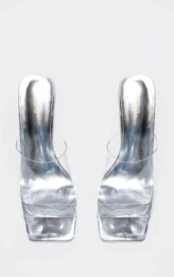 Silver PU Square Toe Perspex Block Heeled Mules