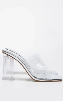 Silver PU Square Toe Perspex Block Heeled Mules