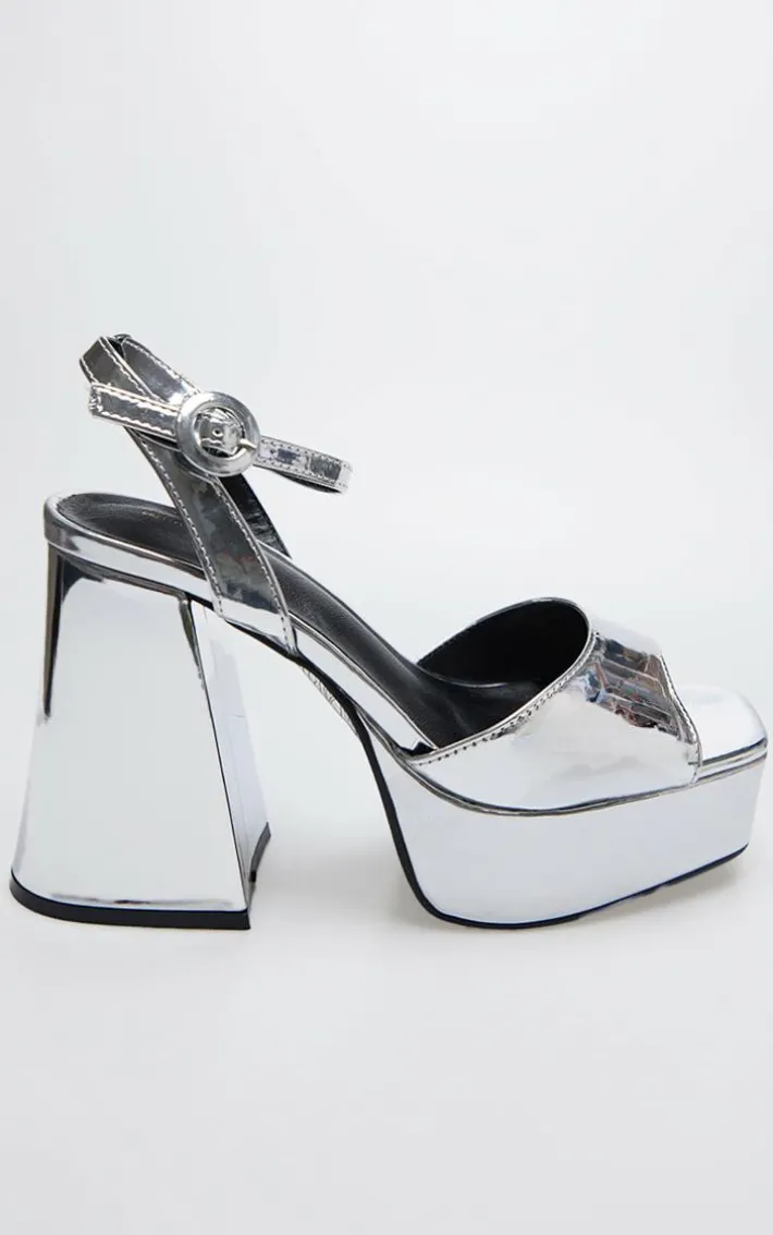 Silver PU Strap Detail Flare Platform Heeled Sandals