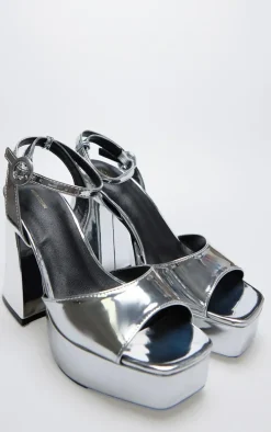 Silver PU Strap Detail Flare Platform Heeled Sandals