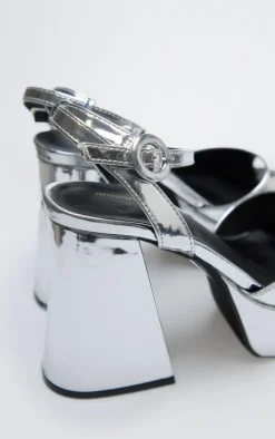 Silver PU Strap Detail Flare Platform Heeled Sandals