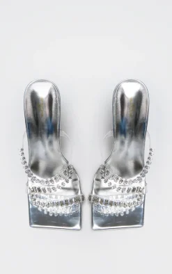 Silver PU Wide Fit Metallic Square Toe Diamante Strap Heeled Mules