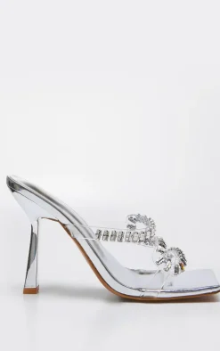 Silver PU Wide Fit Metallic Square Toe Diamante Strap Heeled Mules