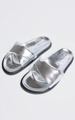 Silver Real Leather Round Toe Cross Strap Footbed Sandals