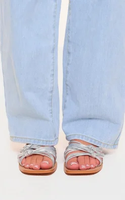 Silver Real Leather Square Toe Knotted Strap Flat Sandals