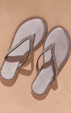Silver Satin Round Toe Thong Diamante Trim Flat Sandals