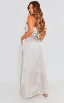 Silver Satin V Bar Floaty Bandeau Maxi Dress