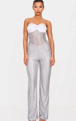 Silver Sequin Bandeau Sheer Panel Jumpsuit