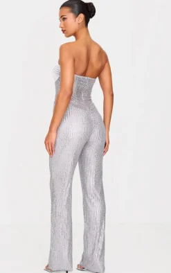 Silver Sequin Bandeau Sheer Panel Jumpsuit
