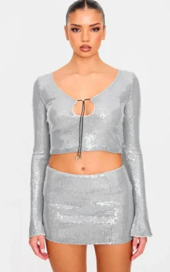 Silver Sequin Bodycon Micro Mini Skirt