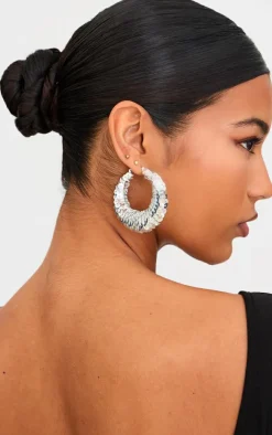 Silver Sequin Flare Large Hoop Earrings