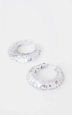 Silver Sequin Flare Large Hoop Earrings