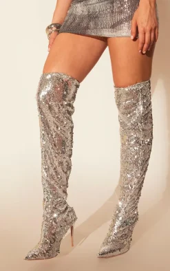 Silver Sequin Point Toe Over The Knee Heeled Boots