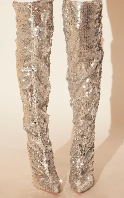 Silver Sequin Point Toe Over The Knee Heeled Boots