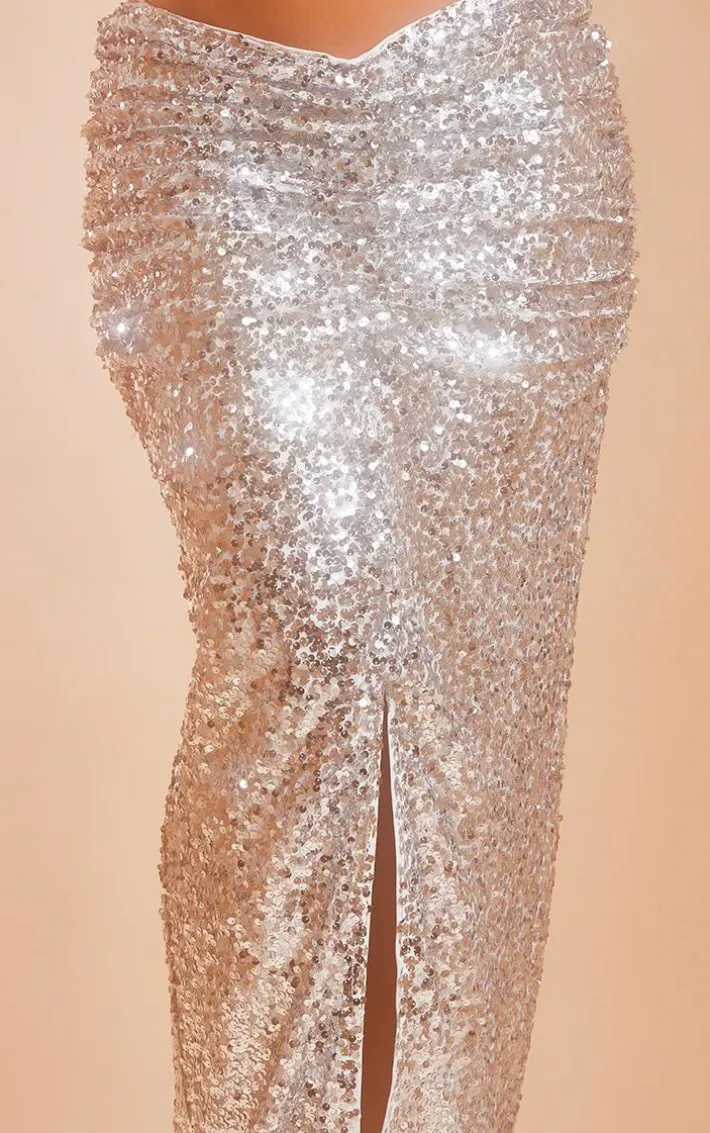 Silver Sequin Ruched Waist Maxi Skirt