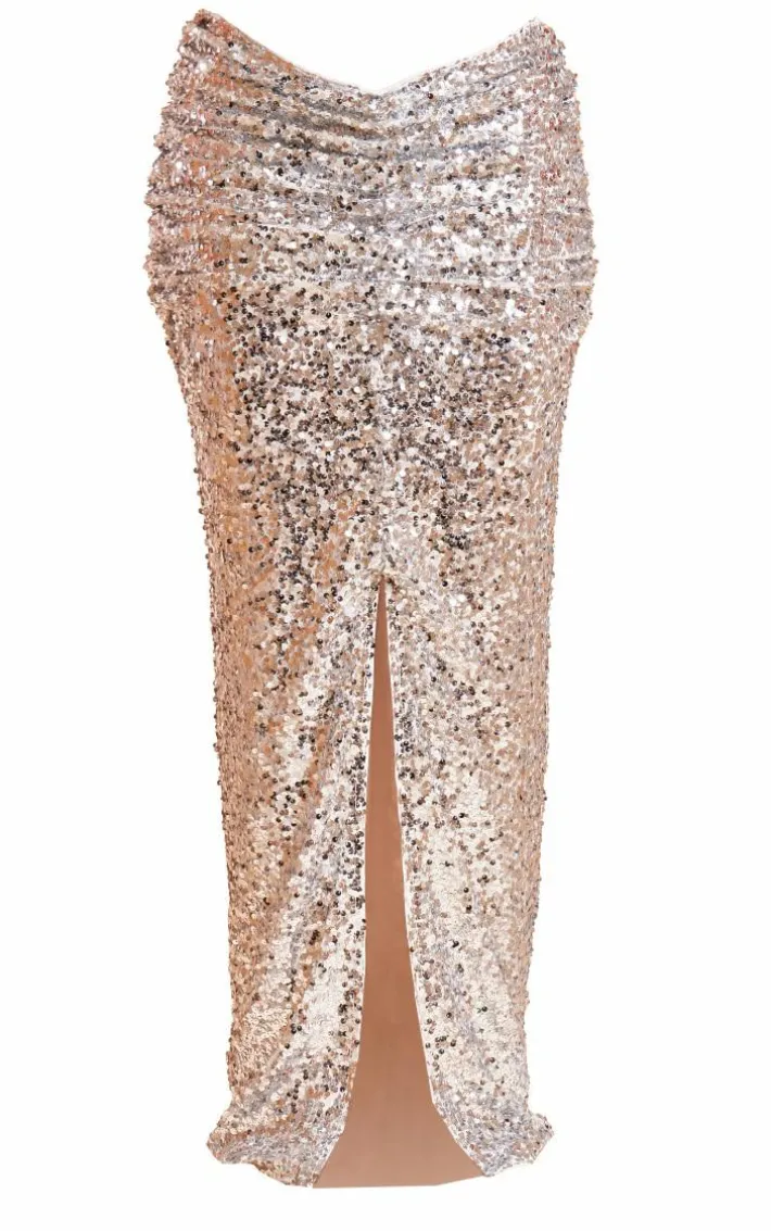 Silver Sequin Ruched Waist Maxi Skirt