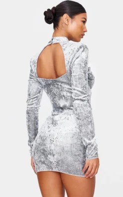 Silver Sequin Underwire Detail Long Sleeve Bodycon Dress