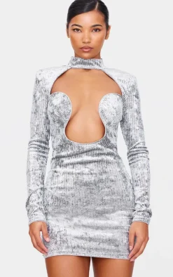 Silver Sequin Underwire Detail Long Sleeve Bodycon Dress