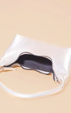 Silver Simple Structured Double Zip Shoulder Bag