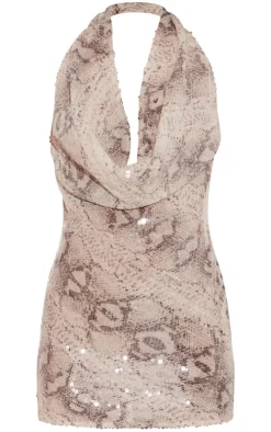 Silver Snake Sequin Cowl Bodycon Dress