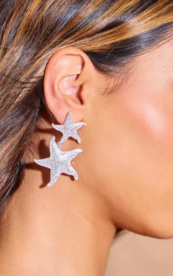 Silver Starfish Detail Drop Stud Earrings